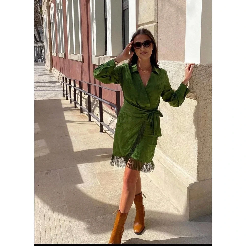 ZARA fringed Jacquard wrap dress green 2157/035 - Picture 7 of 16
